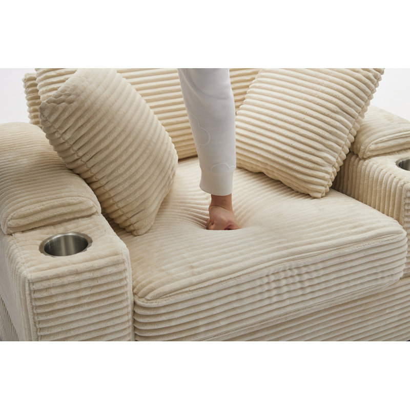 Boneless Oversized Chaise Lounge Indoor with Movable Ottoman and Cupholders, Corduroy Lounge Sofa Chair, Comfy Reclining Deep Seat Lounge Couch for Living Room