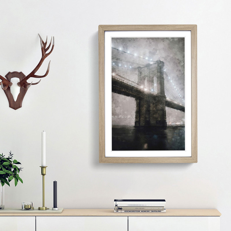 Lights of Brooklyn Bridge - Picture Frame Graphic Art Print, 45cm H x 33cm W x 2cm D, Oak Framed