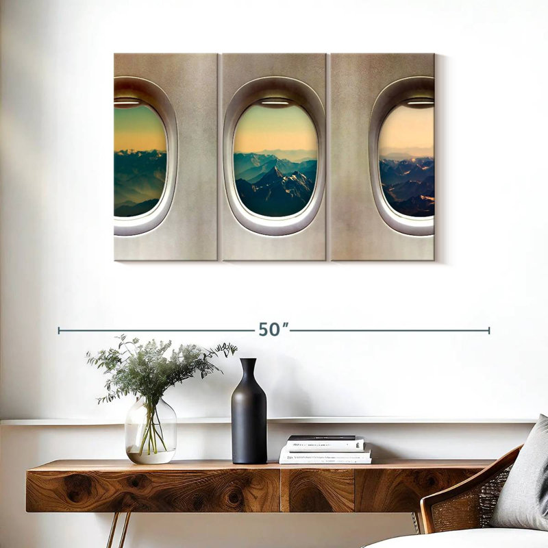 Vieilles fenêtres d'avion - ensemble de 3 toiles tendues, H 24 po x l 38 po
