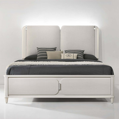 Très grand lit oriental Laveda avec DEL, boucle gris clair et finition blanc perle