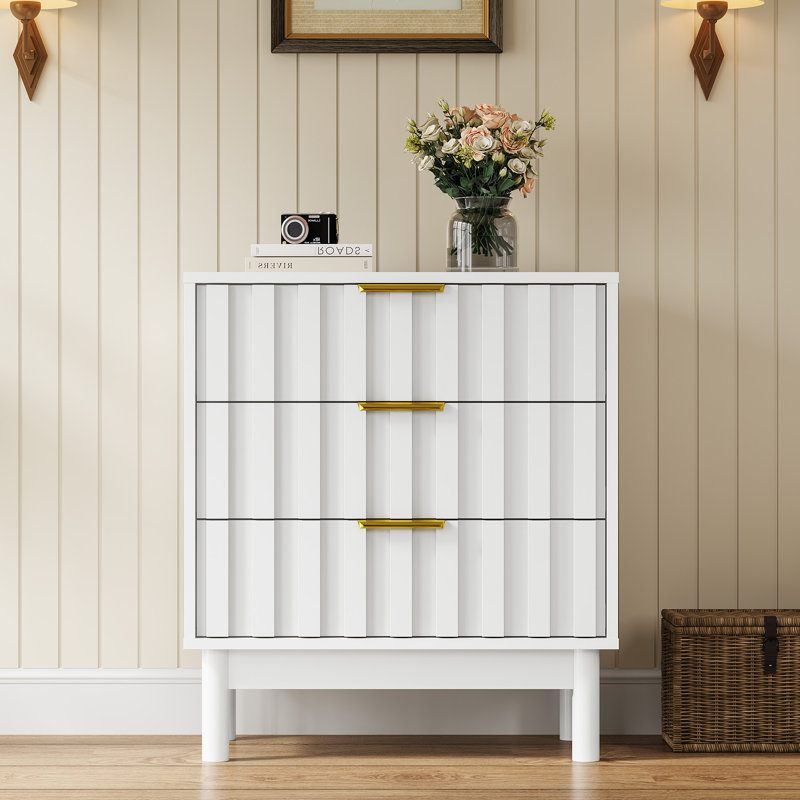 Commode 3 tiroirs avec panneau cannelé, Blanc