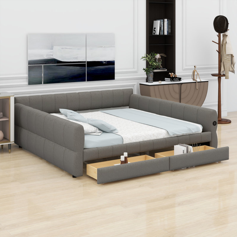 Lit plateforme Smart rembourré avec ports USB et tiroirs pratiques, Gray