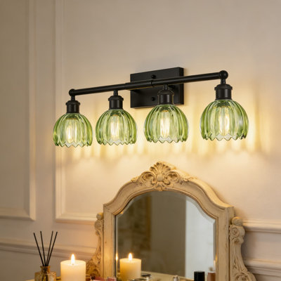 Vintage 4-Light Vanity Fixture With Green Tulip Glass Shades, Black Bathroom Sconce For Mirror Lighting In Bedroom Or Dressing Area, Hardwired Mount With Adjustable Arms