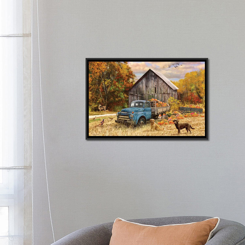 «Fall Truck And Barn» - reproduction, H 18 po x l 26 po x P 1,5 po, Cadre noir