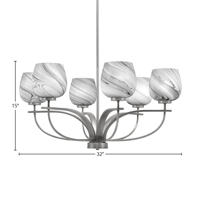 Unia 6 Light, Uplight, Chandelier Shown In Graphite Finish With 6" Onyx Swirl Glass