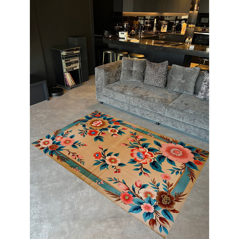 Tapis décoratif beige à motif rose et motif classique Collection Paris, Rectangle 3 pi 11,24 po x 5 pi 10,87 po