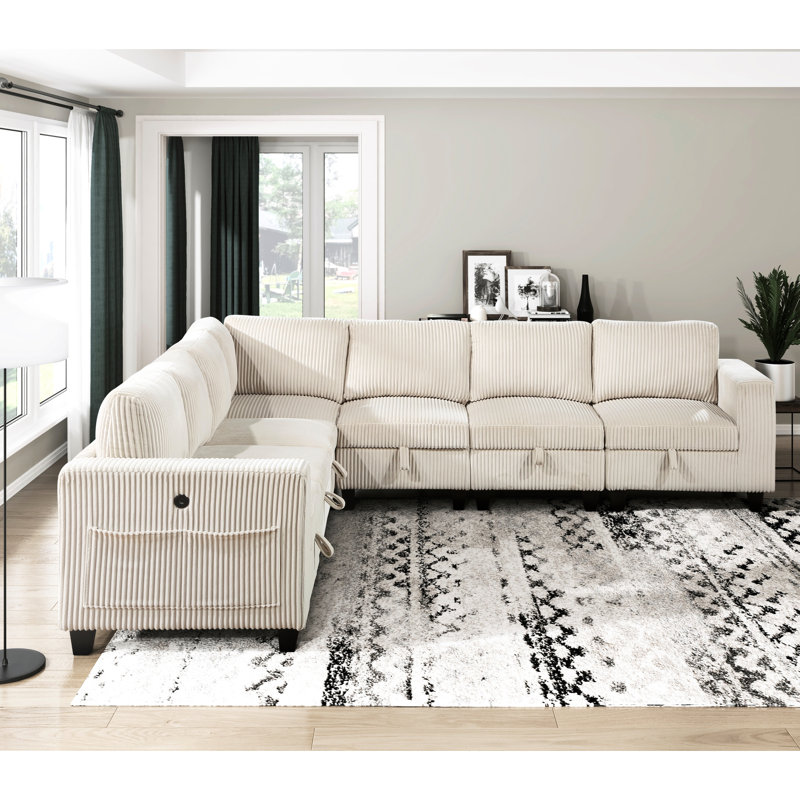 Ensemble de salon modulaire avec revêtement en velours côtelé beige, tissu modulaire à 7 places et rangement caché, ports de charge