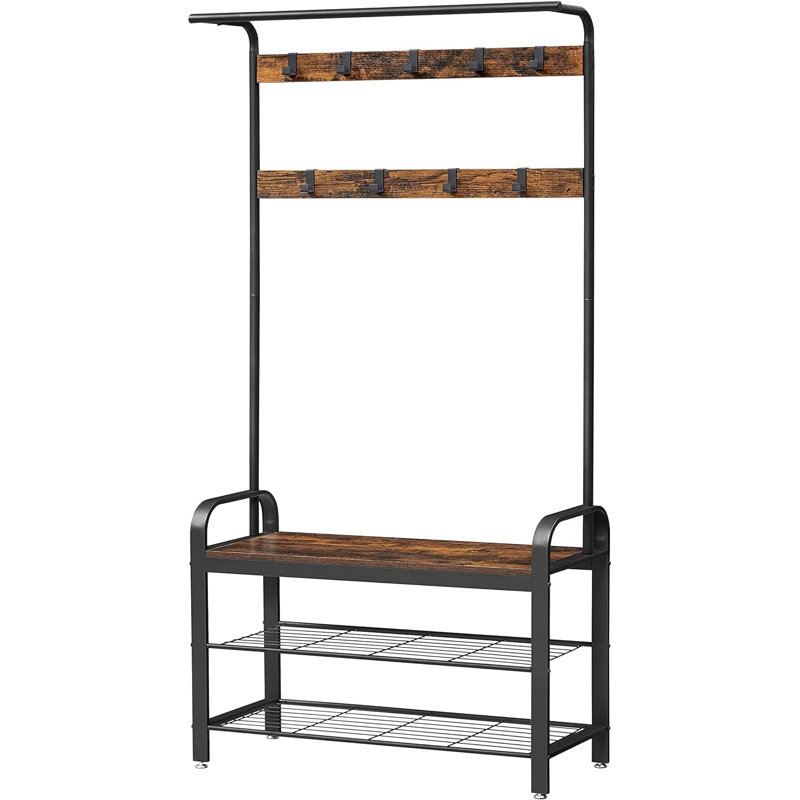 Rustic Brown and Black Hall Tree with Storage Bench