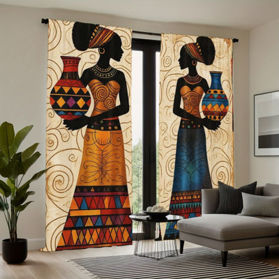 2 pièces de rideaux à motifs de style africain, conception de tourbillon beige avec motif de vases, filtrage de la lumière de poche, style artistique, décoration de fenêtre de chambre à coucher toutes saisons