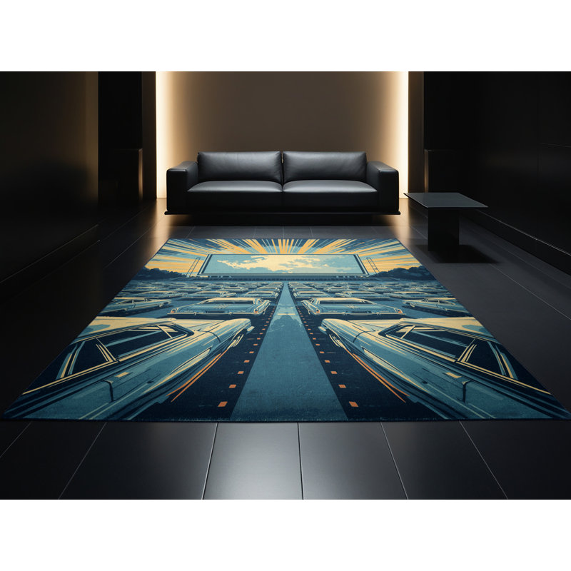 Tapis bleu marine en lin lavé à la machine, 4 x 6
