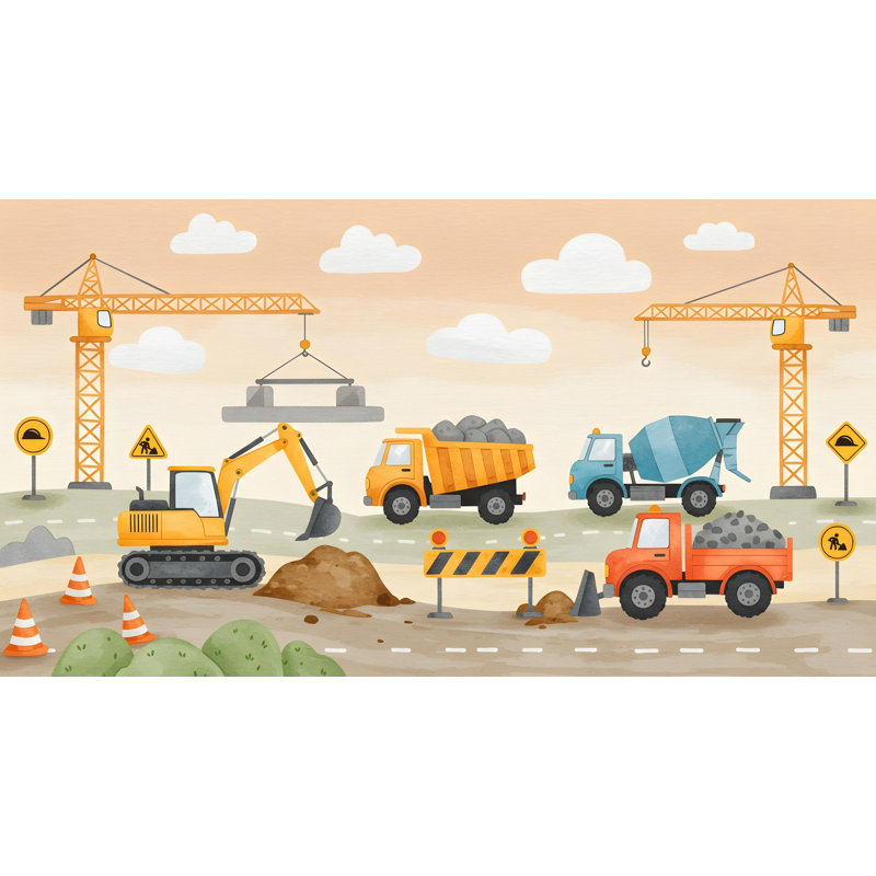 Papier peint Construction | Murale pour chambre de garçon | Décalcomanie murale «Digger, Bulldozer & Cement Mixer» | Camion décor de chambre de bébé à thème 586RS (non tissé) RS586