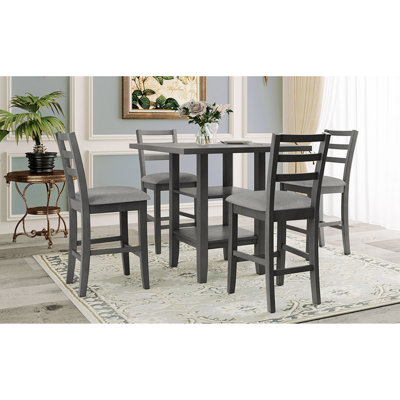 TREXM 5-Piece Counter Height Dining Set With Padded Chairs And Storage Shelving (Gray)