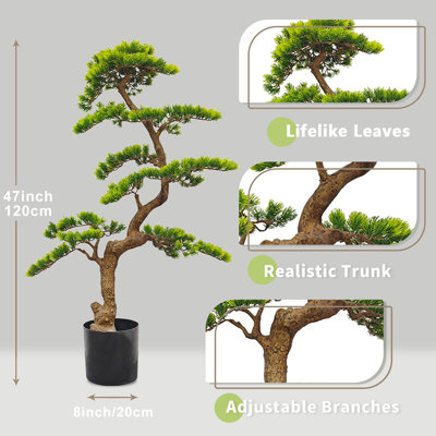 47" Artificial Pine Bonsai Tree With Lush Realistic Leaves, Faux Evergreen Plant In Decorative Pot
