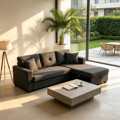76.5" charcoal grey linen blend upholstered sectional sofa with toss pillows and solid wood legs, 3-seater couch for living room