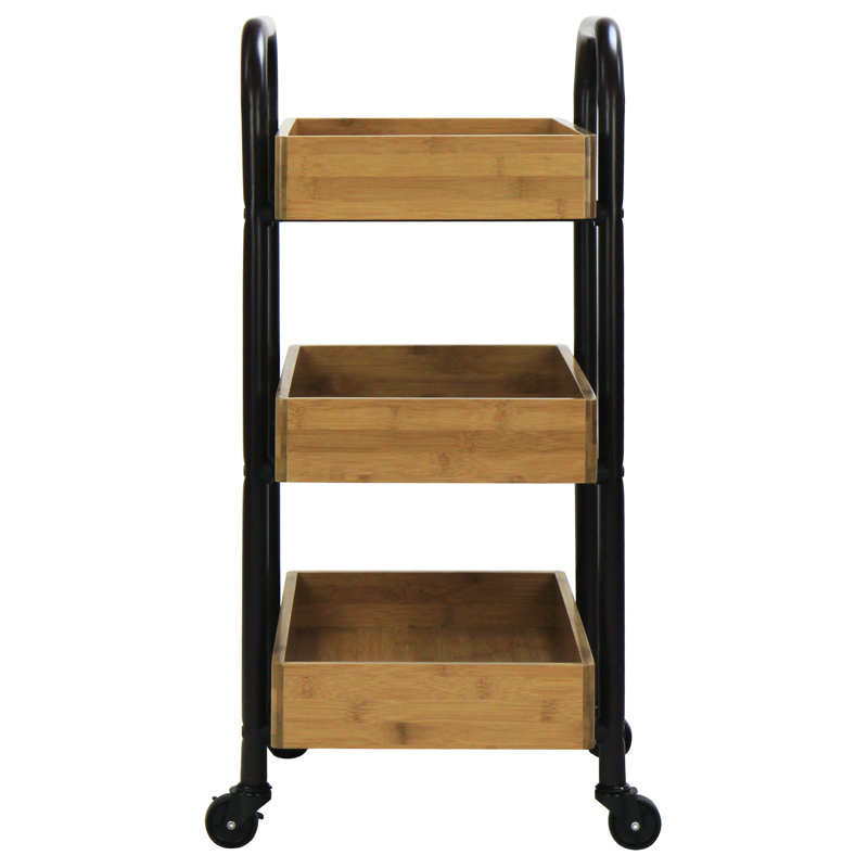 Black and Natural Bamboo 3-Tier Portable Storage Cart