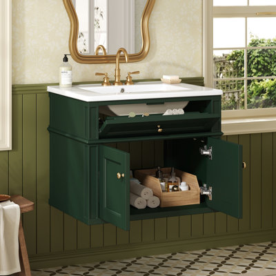 Meuble-lavabo mural moderne de 24 po avec lavabo simple en céramique, tiroir basculant, charnières à fermeture douce et 2 portes.