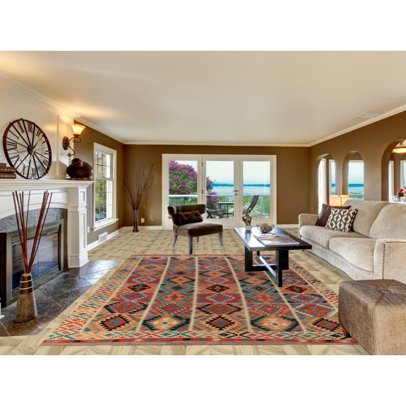 All-Over Geometric Kilim Reversible Wool Area Rug 8x11