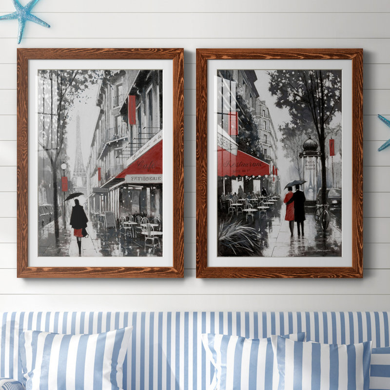 «Rainy Paris I», ensemble de 2 reproductions d'art, H 37,5 po x l 55 po x P 1,5 po, Papier avec cadre érable, Blanc
