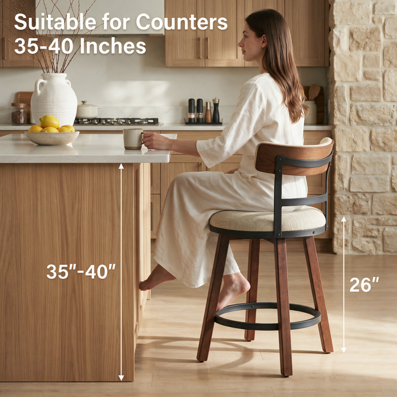 Modern Bar Stools, 26" Thick Upholstered Barstools with Curved Frabic Backrest&Solid Wood Legs&Matte Metal Frame, Counter Height Bar Stools for Kicthen Island,Khaki