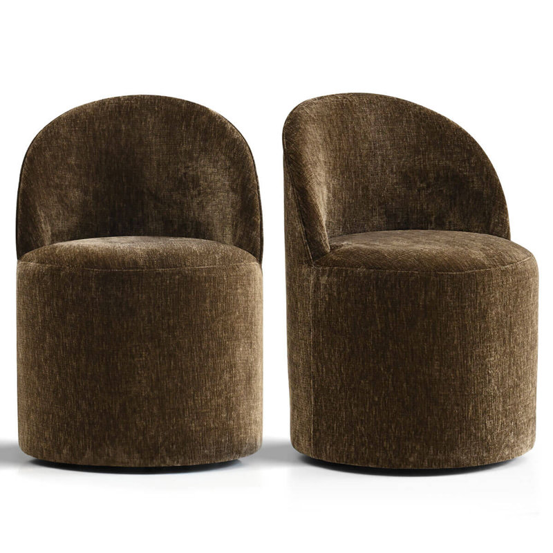 Petit fauteuil pivotant demi-tonneau en chenille avec roulettes cachées, Chenille brune