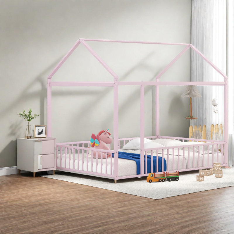 Lit maison en métal rose durable, style ludique moderne pour les enfants