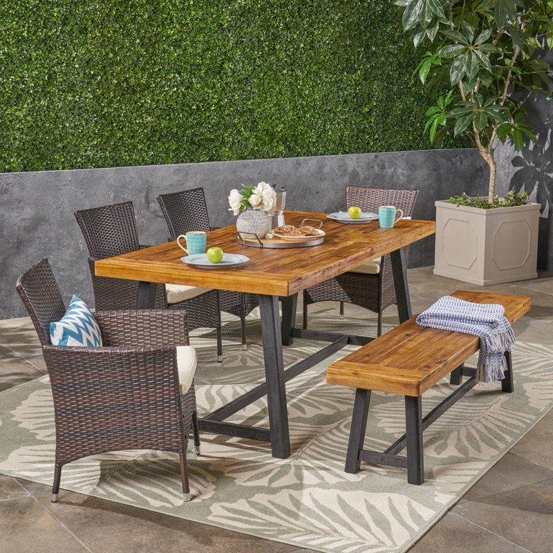 Loyce 6 - Person Acacia Wicker Patio Dining Set with Rectangular Table , Cushions Included, Beige