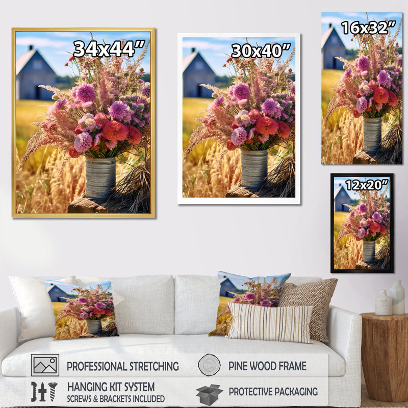 Assortiment de bouquets par la ferme sur toile, H 44 po x l 34 po x P 1,5 po, Cadre simple noir