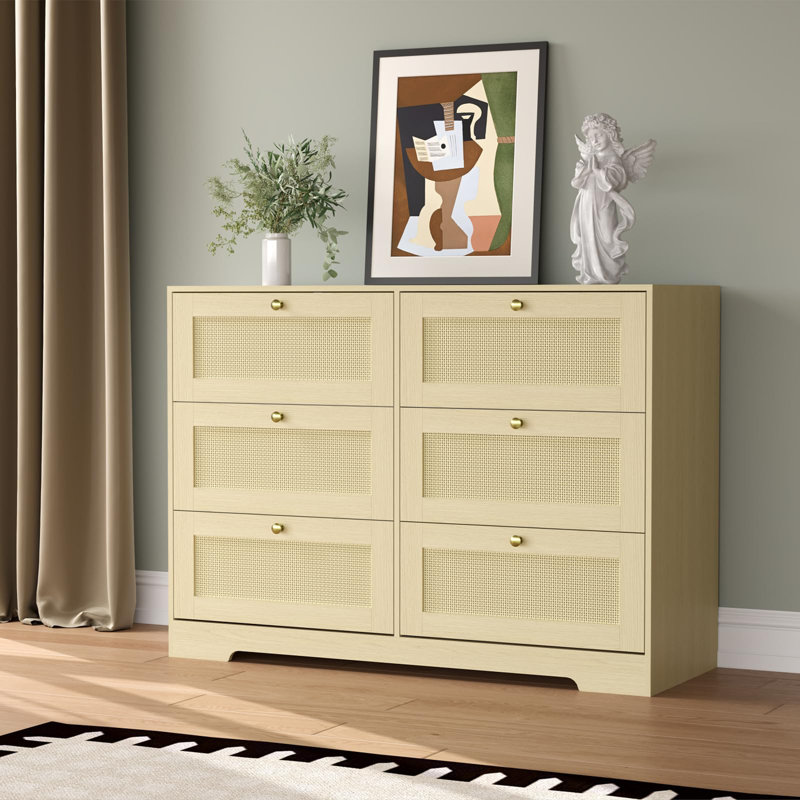 Rattan 6 Drawer Dresser, Modern Boho Wooden Storage Chest with Metal Handles for Bedroom