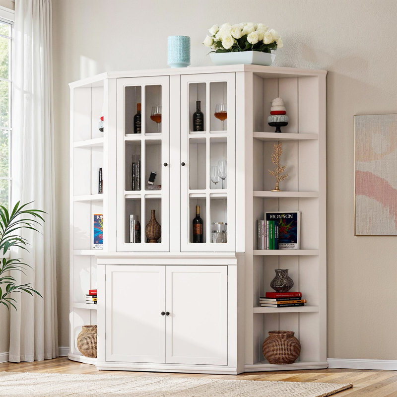 Retro-Modern Bookcase Wall System, 69.25" Wide with Glass-Door Cabinet & 2 Triangle Shelves, White MDF for Living Room or Office