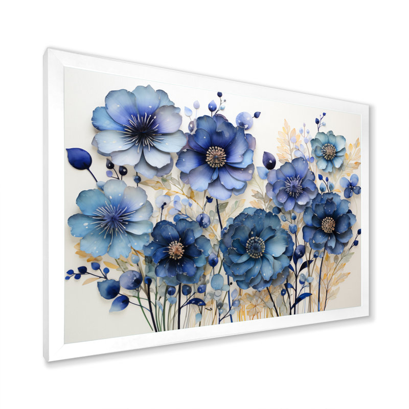 Bleu charmant bleuet Pointillism I - Art mural bleuets, H 34 po x l 44 po x P 1,5 po, Cadre photo blanc