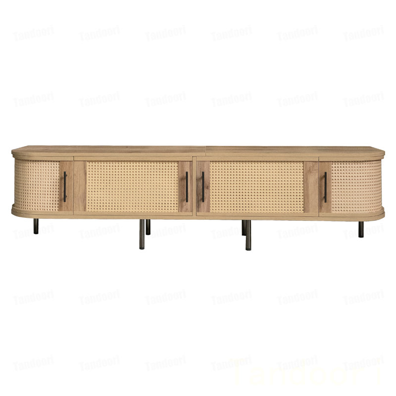 Meuble télé moderne avec portes en rotin pour téléviseur de 80 po ou moins, console multimédia avec espace de rangement et trous pour câbles, centre de divertissement