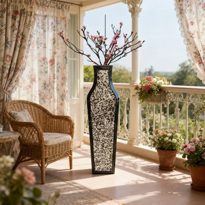 Large 30-Inch Double Sided Crushed Diamond Floor Vase, Tall Black And Silver Mirrored Decorative Vase For Modern Home, Office, Or Hotel Decor