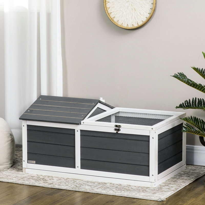 Habitat de tortue en bois gris de 34 po avec abri en cuir et abri, plateau à couvercle ouvert, matériau maison, 34 po, cachette et gris, pour animaux de compagnie
