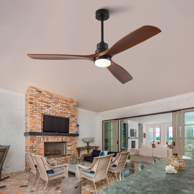 60 Inch Modern Black Ceiling Fan With Light 3 Solid Wood Blades Remote Control Reversible DC Motor With Dimmable LED