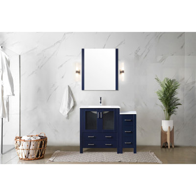 Navy Blue 42 In. Bathroom Vanity With Side Cabinet, Faucet And 28 Mirror, White Ceramic Top Long - Lasting Durability W For Stain Property
