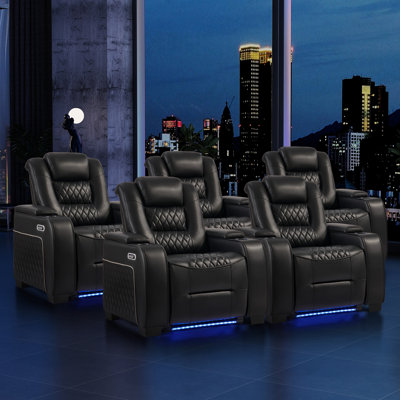 38" Wide Modern Faux Leather Electric Recliner Home Theater Seating With Power Headrest, LED Base Lighting, Cup Holders & USB Charging(Set Of 5)