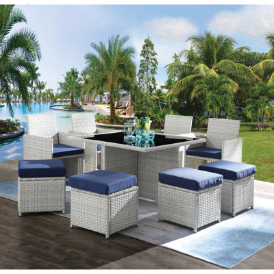 Blue Fabric 9Pc Bistro : 4 Chairs, Ottomans, Dining 9Pcs In And With Ottomans & Ta