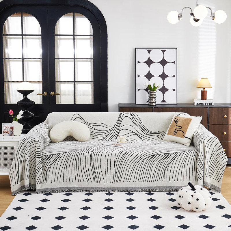 Chenille Sofa Slipcover, White/Black