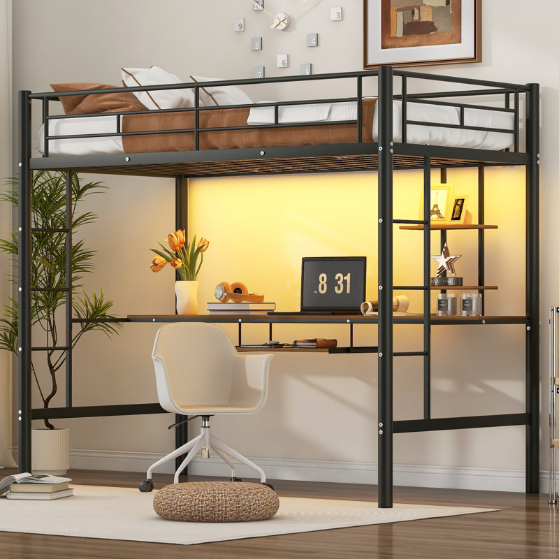 Lit mezzanine simple en métal avec bureau et tablette Snuggo, conception peu encombrante, éclairage à DEL intégré