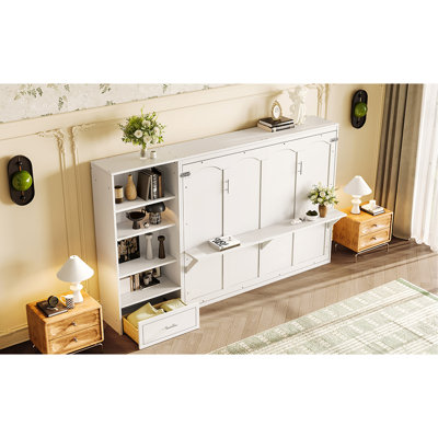 Grand lit escamotable avec compartiments de rangement à hauteur réglable et tablette, cadre de lit mural avec 1 tiroir, lit plateforme pliable multifonctionnel pour petit espace, chambre à coucher, chambre d'amis