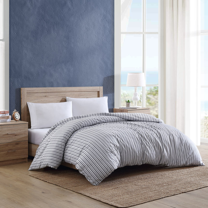 Charcoal and White Striped Cotton Queen Duvet Cover