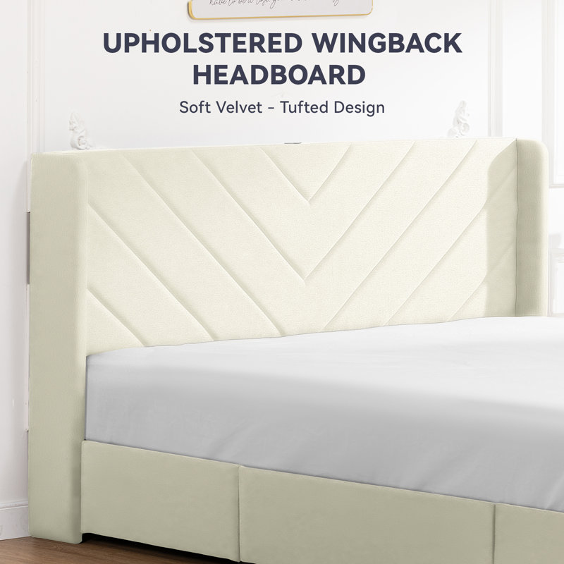 Bed Frame with Headboard and 3 Storage Drawers, Upholstered Platform Bed with Charging Station, Steel Slat Support, No Box Spring Needed, Easy Assembly