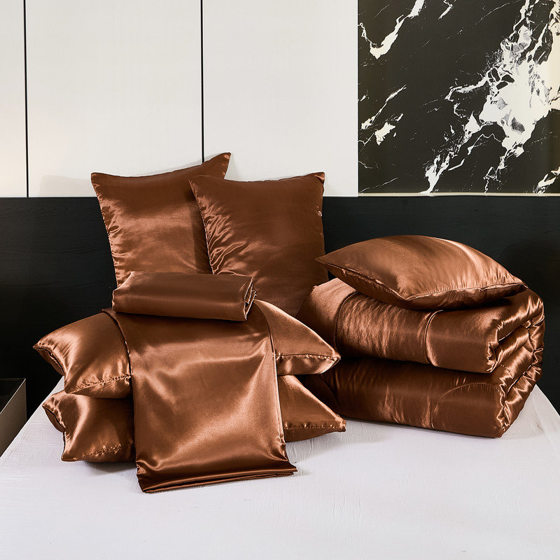 Ensemble d'édredon en satin pour grand lit 8 pièces, Édredon grand + 7 articles supplémentaires, Café