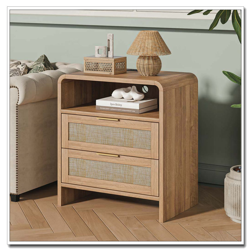 Rattan Nightstand with Charging Station, Caramel-Shelf, 2