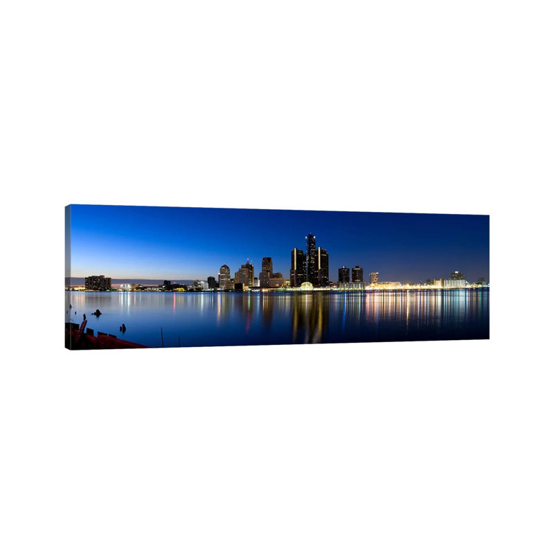 Buildings In A City Lit Up At Dusk, Detroit River, Detroit, Michigan, USA - Wrapped Canvas Panoramic Print