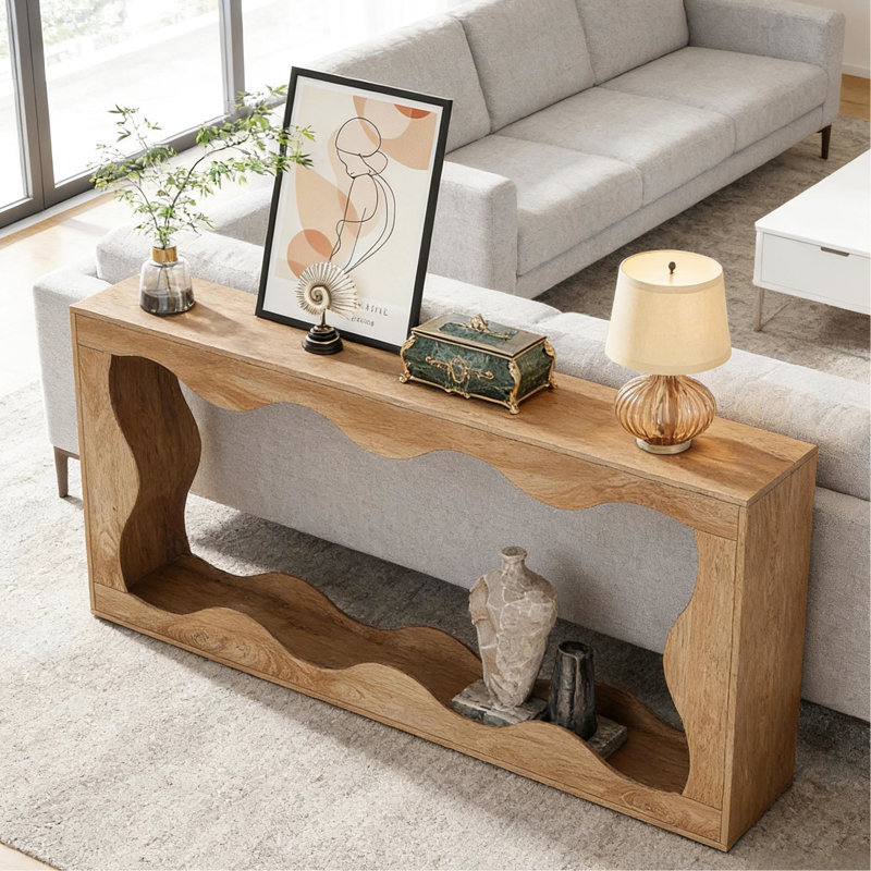 Table basse étroite et élégante, motif vague, 160 cm L x 30 cm P x 85 cm H, console finement travaillée en bois d'ingénierie.
