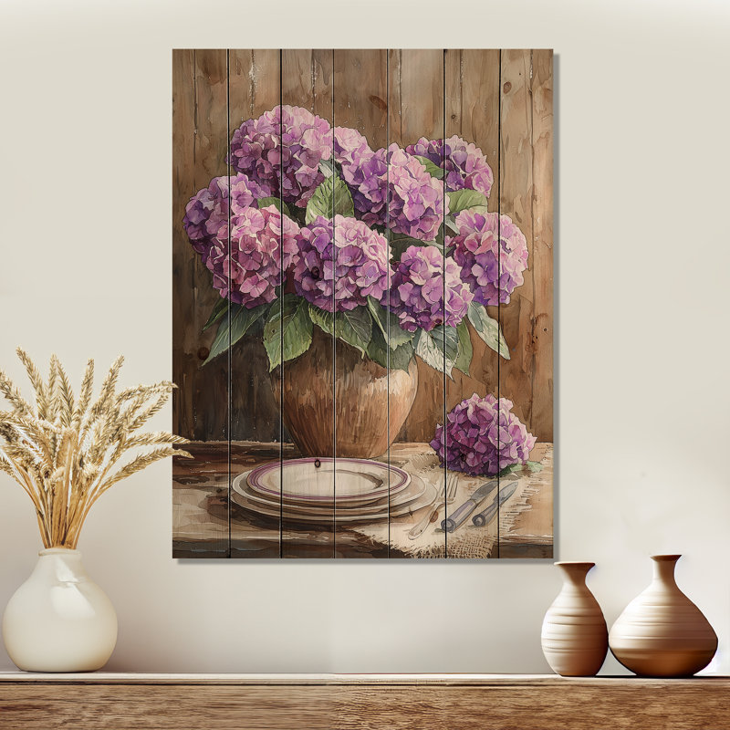 Hydrangeas Bouquet On The Farm Table II - Hydrangea Wood Print - On Natural Pine Wood, H 20 po x l 10 po x P 0,78 po
