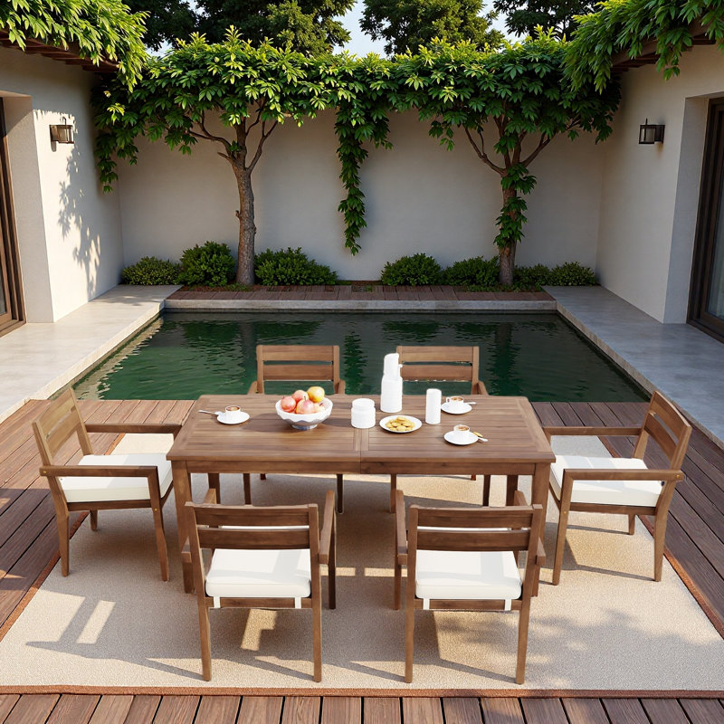Ensemble repas 7 pièces pour l'extérieur, 1 grande table et 6 chaises empilables avec coussins et élément imperméable
