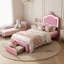 Princess Bed With LED Crown Headboard & Drawer(S), Faux Leather Storage Frame, White & Pink-1358110598-1351606872