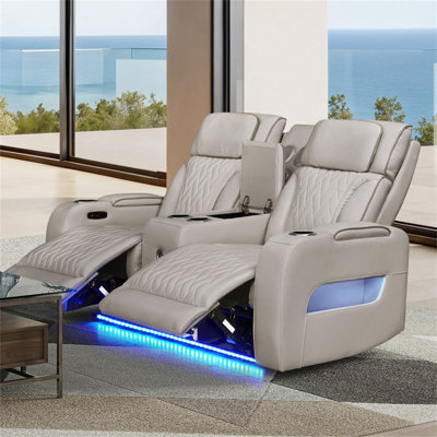 Jazmina 74"W Ice White Leather Aire Transformer Power Reclining Loveseat With Power Headrest, Bluetooth Speakers, LED Lights, USB & USB-C Ports, Storage & Cupholders